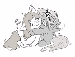 Size: 4096x3111 | Tagged: safe, artist:opalacorn, derpibooru import, oc, oc only, oc:void, pegasus, pony, crying, duo, duo female, female, flapping, floating heart, grayscale, heart, hug, mare, monochrome, simple background, spread wings, white background, wings