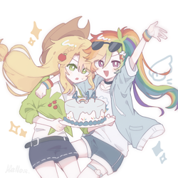 Size: 3537x3537 | Tagged: safe, artist:benyingxinruhuai, derpibooru import, applejack, rainbow dash, human, g4, :d, :o, anime, anime style, appledash, cake, clothes, duo, duo female, female, food, glasses, holding, humanized, jacket, lesbian, open mouth, open smile, raised arm, shipping, simple background, smiling, sunglasses, sunglasses on head, white background