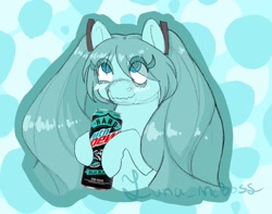 Size: 1428x1123 | Tagged: safe, artist:luna_mcboss, derpibooru import, earth pony, pony, alcohol, anime, blue background, blue coat, blue eyes, blue mane, blushing, bust, drink, drunk, eye clipping through hair, hatsune miku, holding, long hair, looking up, mountain dew, pigtails, ponified, simple background, solo, species swap, swirly eyes, twintails, vocaloid