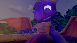 Size: 2000x1125 | Tagged: safe, derpibooru import, oc, oc:king lightning chaser, alicorn, belly hug, bellyrubs, big dragon, looking down, macro, macro/micro, one eye closed, outdoors, sitting, small pony, source filmmaker resource, spread wings, spyro the dragon, spyro the dragon (series), tongue, tongue out, wings, wink