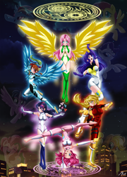 Size: 3189x4427 | Tagged: safe, alternate version, artist:mauroz, derpibooru import, applejack, fluttershy, pinkie pie, rainbow dash, rarity, twilight sparkle, alicorn, earth pony, human, pegasus, pony, unicorn, g4, absurd file size, anime, anime style, horn, humanized, mane six