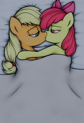 Size: 832x1216 | Tagged: safe, ai content, derpibooru import, generator:pony diffusion v6 xl, generator:stable diffusion, machine learning generated, apple bloom, applejack, earth pony, pony, g4, apple sisters, applecest, bed, blanket, bloomjack, cuddling, cuddling in bed, duo, duo female, female, french kiss, generator:civitai, hug, human shoulders, in bed, incest, indoors, kissing, lesbian, lidded eyes, mare, prompter:nickdisneyfan78, shipping, siblings, sisters