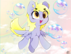 Size: 4000x3000 | Tagged: safe, artist:zokkili, derpibooru import, derpy hooves, pegasus, pony, g4, beanbrows, blushing, bubble, cute, derpabetes, ear fluff, ears, eye clipping through hair, eyebrows, eyebrows visible through hair, female, high res, mare, open mouth, open smile, signature, smiling, solo, spread wings, wings