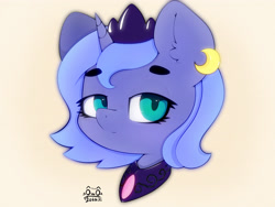 Size: 4000x3000 | Tagged: safe, artist:zokkili, derpibooru import, princess luna, pony, g4, bust, crescent moon, crown, ear fluff, ears, eyebrows, eyebrows visible through hair, female, high res, jewelry, lidded eyes, looking at you, moon, peytral, portrait, regalia, signature, simple background, solo