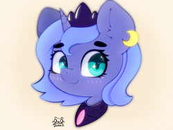 Size: 4000x3000 | Tagged: safe, artist:zokkili, derpibooru import, princess luna, pony, g4, blush lines, blushing, bust, crescent moon, crown, cute, ear fluff, ears, eyebrows, eyebrows visible through hair, female, high res, jewelry, looking at you, lunabetes, moon, peytral, portrait, regalia, signature, simple background, smiling, smiling at you, solo, sparkly eyes, wingding eyes