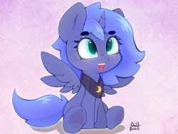 Size: 4000x3000 | Tagged: safe, artist:zokkili, derpibooru import, princess luna, alicorn, pony, g4, beanbrows, cute, eyebrows, eyebrows visible through hair, female, filly, foal, frog (hoof), high res, horn, lunabetes, open mouth, open smile, peytral, signature, sitting, smiling, spread wings, tail, underhoof, wings, woona, younger