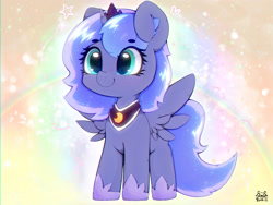 Size: 4000x3000 | Tagged: safe, artist:zokkili, derpibooru import, princess luna, alicorn, pony, g4, beanbrows, crown, cute, ear fluff, ears, eye clipping through hair, eyebrows, eyebrows visible through hair, female, filly, foal, heart, high res, hoof shoes, horn, jewelry, lunabetes, mare, peytral, princess shoes, regalia, signature, smiling, solo, spread wings, tail, wings, woona, younger