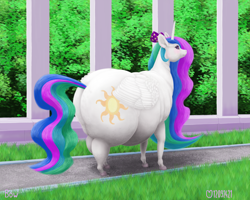 Size: 1200x960 | Tagged: safe, artist:soobel, derpibooru import, princess celestia, alicorn, pony, g4, bow, butt, chubbylestia, fat, female, huge butt, large butt, mare, morbidly obese, obese, plot, solo, sunbutt, the ass was fat