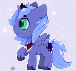 Size: 3250x3000 | Tagged: safe, artist:zokkili, derpibooru import, princess luna, alicorn, pony, g4, crown, cute, female, high res, hoof shoes, horn, jewelry, lunabetes, mare, peytral, princess shoes, profile, raised hoof, raised leg, regalia, side view, signature, small wings, smiling, solo, spread wings, tail, wings