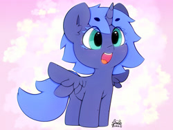 Size: 4000x3000 | Tagged: safe, artist:zokkili, derpibooru import, princess luna, alicorn, pony, g4, beanbrows, cute, ear fluff, ears, eyebrows, eyebrows visible through hair, female, filly, foal, high res, horn, lunabetes, open mouth, open smile, signature, smiling, solo, spread wings, tail, wings, woona, younger