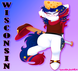 Size: 1573x1428 | Tagged: safe, artist:vanillaswirl6, derpibooru import, oc, oc only, oc:wisconsin, baseball bat, cheese, cheese hat, gradient background, hat, solo, united states, vanillaswirl6's state ponies, wisconsin