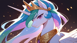 Size: 1920x1088 | Tagged: safe, ai content, derpibooru import, machine learning generated, princess celestia, alicorn, g4, angry, close-up, ethereal mane, explosion, female, folded wings, generator:tponynai3, horn, jewelry, looking at you, peytral, prompter:truekry, solo, tiara, wallpaper, wings