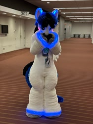 Size: 1500x2000 | Tagged: safe, derpibooru import, oc, oc only, oc:lightning flash, 2024, anthrocon, badge, corridor, fursuit, glowing, glowing ears, glowing hooves, hoof on cheek, indoors, irl, photo, ponysuit, solo