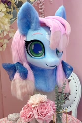 Size: 1366x2048 | Tagged: safe, artist:superqinci, derpibooru import, oc, oc only, bow, fursuit head, hair bow, heart, heart eyes, irl, photo, ponysuit, solo, wingding eyes