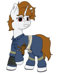 Size: 1313x1512 | Tagged: safe, artist:rusty kettle, derpibooru import, oc, oc only, oc:black light, fallout equestria, bandage, clothes, fallout equestria: magnum opus, holster, jumpsuit, pipbuck, red eyes, simple background, solo, transparent background