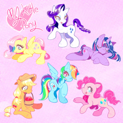 Size: 2500x2500 | Tagged: safe, artist:leshitprince, derpibooru import, applejack, fluttershy, pinkie pie, rainbow dash, rarity, twilight sparkle, twilight sparkle (alicorn), alicorn, butterfly, earth pony, pegasus, pony, unicorn, g4, apple, applejack's hat, bucket, clothes, cowboy hat, cute, eyeshadow, female, food, hat, horn, makeup, mane six, mare, open mouth, patterned background, polka dot background