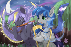 Size: 3000x2000 | Tagged: safe, artist:rainenight, derpibooru import, oc, oc only, oc:moonlit flower, oc:startlit classics, bat pony, pegasus, duo, female, flute, forest, harp, magic, mare, musical instrument, nature, tree