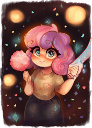 Size: 2841x3914 | Tagged: safe, artist:polnocnykot, derpibooru import, sweetie belle, human, g4, blush lines, blushing, bracelet, celebration, child, clothes, commissioner:shaddar, confetti, cotton candy, crystal, cute, denim, dress, duo, evening, fanfic art, female, flower, freckles, glowing, glowing eyes, hand, happy, humanized, illustration, jeans, jewelry, lights, looking at you, offscreen character, pants, shirt, smiling, smiling at you, solo focus, sparkles, t-shirt, two toned hair