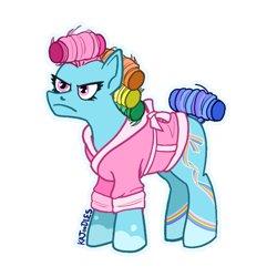 Size: 657x656 | Tagged: safe, artist:forbiddenkajoodles, derpibooru import, rainbow dash (g3), earth pony, g3, alternate cutie mark, alternate design, bathrobe, clothes, female, g3 rainbow dash is not amused, hair curlers, mare, robe, simple background, solo, transparent background, unamused