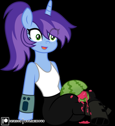 Size: 4107x4500 | Tagged: safe, artist:clubvixen, derpibooru import, oc, oc:cher nobyl, pony, semi-anthro, unicorn, black background, clothes, cosplay, costume, eye clipping through hair, female, food, futurama, horn, mare, simple background, sitting, turanga leela, unicorn oc, watermelon