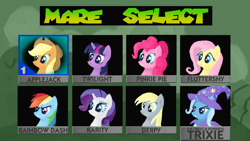 Size: 1280x720 | Tagged: safe, artist:umsx, derpibooru import, applejack, derpy hooves, fluttershy, pinkie pie, rainbow dash, rarity, trixie, twilight sparkle, earth pony, pegasus, pony, unicorn, g4, applejack's hat, cape, character select, clothes, cowboy hat, hat, horn, mane six, mario kart, mario kart 64, super mario bros., trixie's cape, trixie's hat