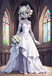 Size: 832x1216 | Tagged: safe, ai content, derpibooru import, machine learning generated, limestone pie, anthro, earth pony, g4, blushing, bouquet, clothes, cute, dress, female, flower, gloves, happy, high heels, indoors, innocent, looking at you, mare, prompter:vtaviscratch, shoes, smiling, smiling at you, solo, stained glass, wedding dress, when she smiles