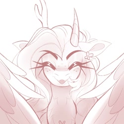 Size: 1500x1500 | Tagged: safe, artist:inspiredpixels, derpibooru import, oc, oc only, oc:annabella iris, hybrid, bust, eyes closed, female, freckles, horns, looking at you, monochrome, smiling, smiling at you