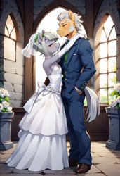 Size: 832x1216 | Tagged: safe, ai content, derpibooru import, machine learning generated, igneous rock pie, limestone pie, anthro, earth pony, plantigrade anthro, g4, blushing, clothes, dress, eyes closed, father and child, father and daughter, female, happy, hug, indoors, male, mare, parent and child, prompter:vtaviscratch, smiling, stallion, tuxedo, wedding dress, when she smiles