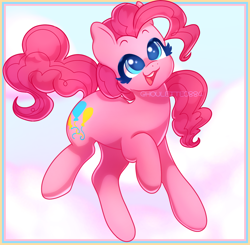 Size: 1280x1254 | Tagged: safe, artist:ghoulette0884, derpibooru import, pinkie pie, earth pony, pony, g4, blue eyes, cross-eyed, cute, diapinkes, female, full body, mare, open mouth, open smile, raised hoof, raised leg, smiling, solo