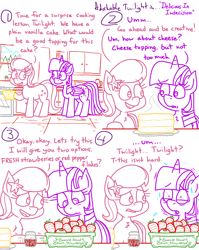 Size: 4779x6013 | Tagged: safe, artist:adorkabletwilightandfriends, derpibooru import, lily, lily valley, twilight sparkle, twilight sparkle (alicorn), alicorn, comic:adorkable twilight and friends, g4, adorkable, adorkable twilight, cake, comic, concerned, concerned pony, cute, decision, dork, food, friendship, funny, happy, humor, kitchen, nervous, nervous sweat, pepper, question, slice of life, smiling, standing, strawberry, sweat, sweating profusely, thinking