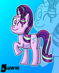 Size: 1084x1356 | Tagged: safe, artist:gradiusfanatic, derpibooru import, starlight glimmer, pony, unicorn, g4, backwards cutie mark, female, gradient background, horn, looking at you, one eye closed, raised hoof, raised leg, solo, wink, winking at you, zoom layer