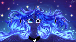 Size: 1920x1080 | Tagged: safe, artist:jsunlight, derpibooru import, princess luna, alicorn, pony, g4, abstract background, bust, crying, female, jewelry, looking at you, mare, regalia, signature, smiling, smiling at you, solo, spread wings, stars, wings