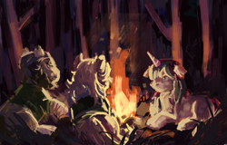 Size: 1944x1246 | Tagged: safe, artist:stickygooh, derpibooru import, oc, oc only, pony, unicorn, campfire, female, forest, horn, lying down, male, mare, nature, night, outdoors, prone, stallion, tree, trio