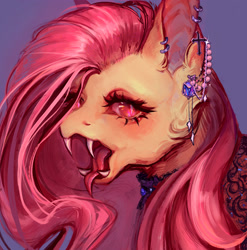 Size: 2517x2548 | Tagged: safe, artist:aisakoli, derpibooru import, fluttershy, bat pony, pony, g4, bat ponified, blue background, bust, choker, ear piercing, earring, fangs, female, flutterbat, jewelry, mare, piercing, race swap, simple background, slit eyes, solo