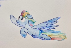 Size: 1820x1227 | Tagged: safe, anonymous artist, derpibooru import, rainbow dash, pegasus, g4, belly, belly button, female, flying, mare, solo, traditional art, watercolor painting