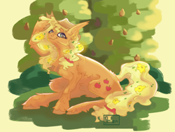 Size: 2000x1500 | Tagged: safe, artist:cybulka, derpibooru import, applejack, earth pony, pony, g4, alternate hairstyle, female, flower, flower in hair, flower in tail, mare, outdoors, pear tree, sitting, solo, tail, tree, unshorn fetlocks