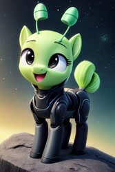 Size: 512x768 | Tagged: safe, ai content, derpibooru import, generator:stable diffusion, machine learning generated, alien, alien pony, antennae, cute, gnarp gnarp, open mouth, open smile, prompter:chillyhooves, smiling, solo, space, spacesuit