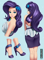 Size: 1500x2001 | Tagged: safe, artist:jckix, derpibooru import, rarity, human, g4, ass, bare shoulders, blue background, breasts, butt, clothes, diamond, eyeshadow, female, high heels, humanized, jewelry, kotobukiya, kotobukiya rarity, makeup, necklace, shoes, sideboob, simple background, skirt, sleeveless, solo, strapless