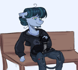 Size: 728x655 | Tagged: safe, artist:kreeeeeez, derpibooru import, oc, oc only, oc:drowsy geode, anthro, cat, earth pony, bench, earth pony oc, nonbinary, petting, sitting, solo