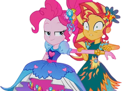 Size: 828x621 | Tagged: safe, derpibooru import, edit, edited screencap, editor:homersimpson1983, screencap, pinkie pie, sunset shimmer, human, equestria girls, g4, background removed, duo, duo female, female, not a vector, simple background, transparent background