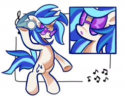 Size: 1947x1521 | Tagged: safe, artist:squidbly, derpibooru import, dj pon-3, vinyl scratch, pony, unicorn, g4, bipedal, bust, colored pinnae, female, glasses, headphones, horn, mare, music notes, open mouth, passepartout, portrait, raised hoof, raised leg, simple background, smiling, solo, standing, underhoof, vinyl's glasses, white background, windswept hair