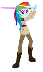 Size: 1158x1939 | Tagged: safe, artist:brightstar40k, derpibooru import, rainbow dash, human, equestria girls, g4, female, jedi, lightsaber, nostalgia, simple background, solo, star wars, weapon, white background