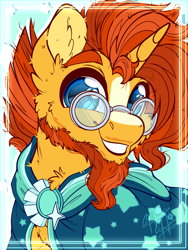 Size: 1800x2400 | Tagged: safe, alternate version, artist:thehaywaiianhorse, derpibooru import, sunburst, pony, unicorn, g4, beard, bust, cheek fluff, chest fluff, cloak, clothes, coat markings, ear fluff, ears, facial hair, fluffy, glasses, horn, looking at you, male, messy hair, portrait, smiling, smiling at you, solo, stallion, sunburst's cloak, sunburst's glasses