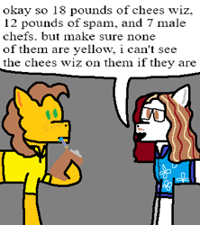 Size: 358x403 | Tagged: safe, artist:44nifty, derpibooru import, cheese sandwich, oc, oc:polka party, earth pony, pony, g4, 1000 hours in ms paint, brown eyes, brown mane, cheese whiz, clipboard, clothes, curly hair, curly mane, duo, duo male, facial hair, father and child, father and son, flower shirt, freckles, glasses, green eyes, hawaiian shirt, implied drug use, male, master chief and luna hanging out, meme, moustache, parent and child, pen, ponified celebrity, ponified music artist, ponified musician, shirt, spam (meat), stallion, voice actor joke, weird al yankovic, white coat, yellow coat, yellow shirt