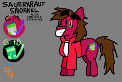 Size: 3000x2000 | Tagged: safe, artist:44nifty, derpibooru import, oc, oc only, oc:sauerkraut snorkel, earth pony, pony, albuquerque, brown mane, cutie mark, eyebrows, eyebrows visible through hair, food, glow in the dark, gray background, green eye, messy mane, mismatched eyes, ponified, raised eyebrows, red coat, red jacket, reference sheet, sauerkraut, signature, simple background, snorkel, solo, song reference, species swap, weird al yankovic, white shirt