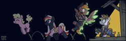 Size: 2480x816 | Tagged: safe, artist:php104, derpibooru import, oc, oc only, oc:calamity, oc:littlepip, oc:silver bell, oc:velvet remedy, pegasus, unicorn, fallout equestria, g4, armor, bag, battle saddle, clothes, confetti, dark background, dress, female, filly, flying, foal, hat, horn, jumping, jumpsuit, medical saddlebag, pipbuck, rock farm, shrug, sitting, smiling, vault suit, walking