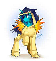 Size: 2032x2211 | Tagged: safe, artist:buvanybu, derpibooru import, oc, oc only, oc:rocky blues, pony, unicorn, clothes, commissioner:legionofblues, costume, horn, kigurumi, looking at you, pokémon, simple background, solo, typhlosion, white background