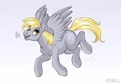 Size: 2388x1658 | Tagged: safe, artist:jenery, derpibooru import, derpy hooves, pegasus, pony, g4, female, flying, gradient background, mare, open mouth, open smile, signature, smiling, solo, spread wings, wings