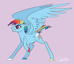 Size: 802x688 | Tagged: safe, artist:gorjee-art, derpibooru import, rainbow dash, pegasus, pony, g4, colored hooves, ears back, grin, hooves, large wings, multicolored hooves, purple background, raised hoof, raised leg, short mane, signature, simple background, smiling, solo, wings