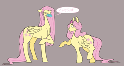 Size: 1280x681 | Tagged: safe, artist:gorjee-art, derpibooru import, butterscotch, fluttershy, pegasus, pony, g4, bipedal, duo, duo male and female, ears, female, floppy ears, germaphobe, gray background, height difference, male, mare, rule 63, self paradox, self ponidox, simple background, stallion, tallershy, trans fluttershy, trans male, transgender